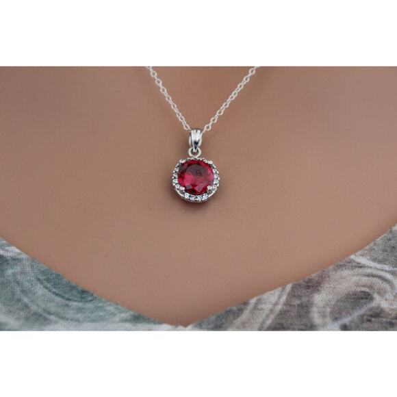 Sterling Silver Red Round CZ Stone Pendant Circled in Clear CZ Stones Necklace - Picture 1 of 7